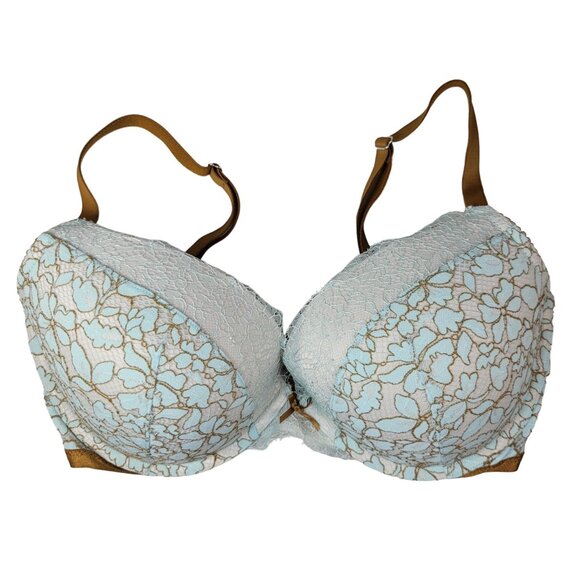 Victoria's Secret Dream Angels Push Up Bra Blue Gold 36DD Underwire Plunge Lace - Picture 1 of 11